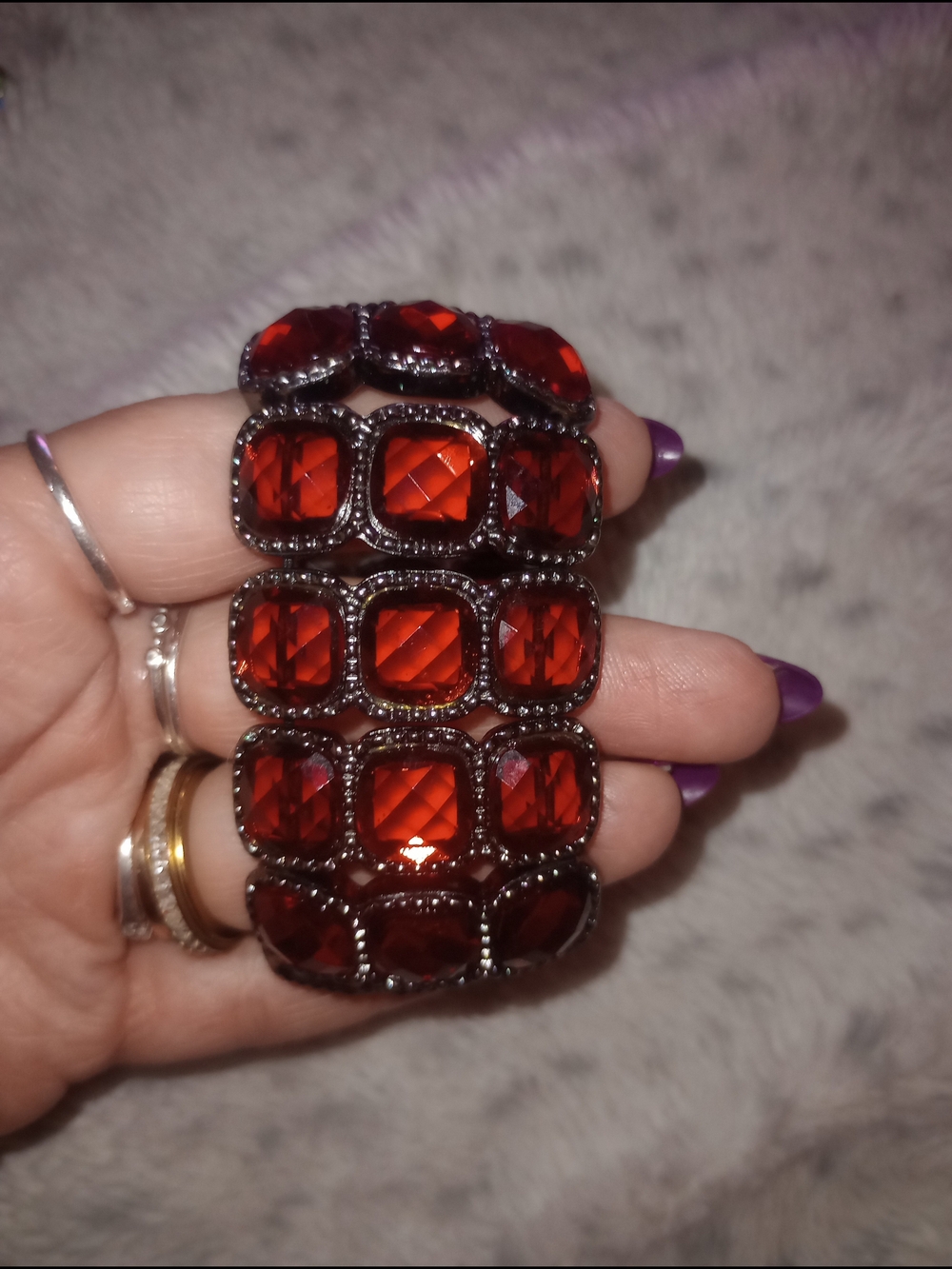Stunning Red Gemstone With Gun Metal Finish Stretch Bracelet